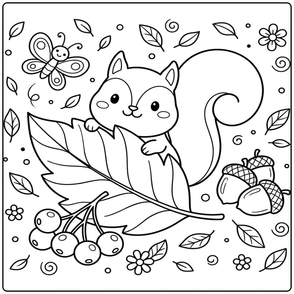 Leuke eekhoorn kleurplaat simpel achter een groot blad.