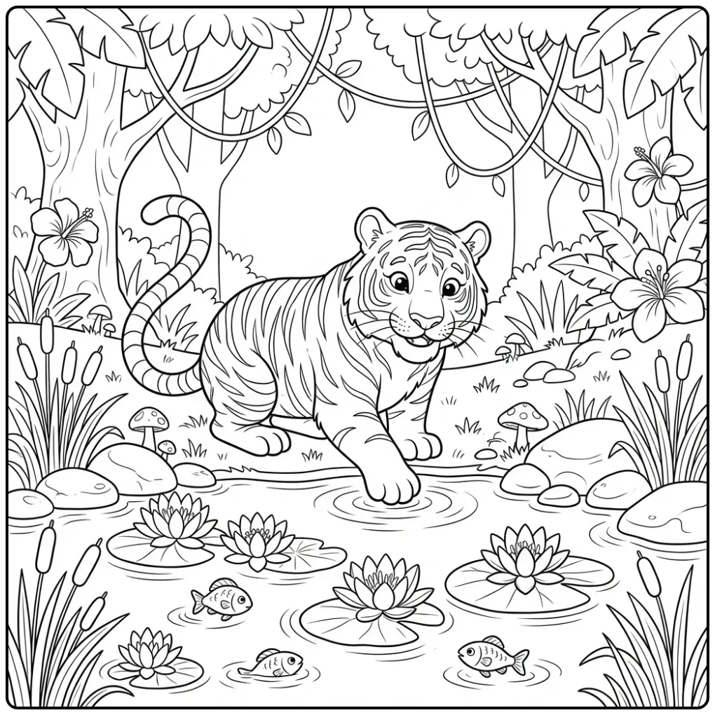 Kleurplaat tijger die met zijn poot het water aanraakt.