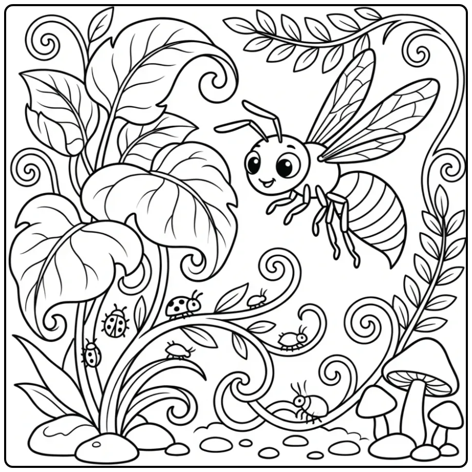 Kleurplaat wesp zoekt tussen bladeren naar insecten.