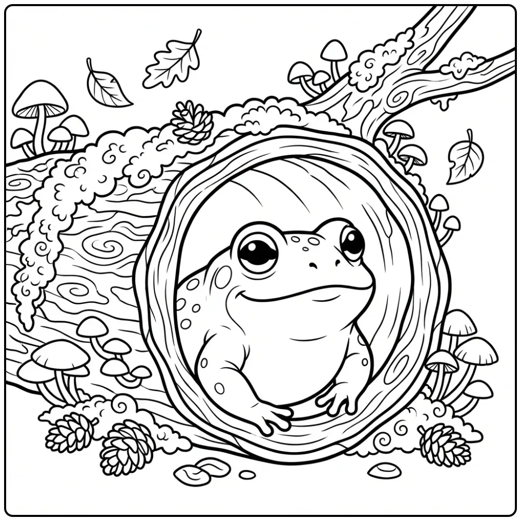 Leuke toad kleurplaat van een pad in een holle boomstam.