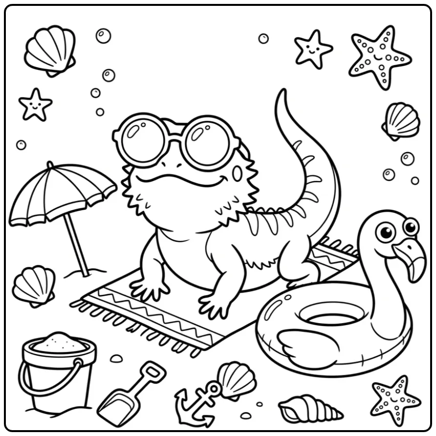 Grappige baardagaam kleurplaat met zonnebril op het strand.