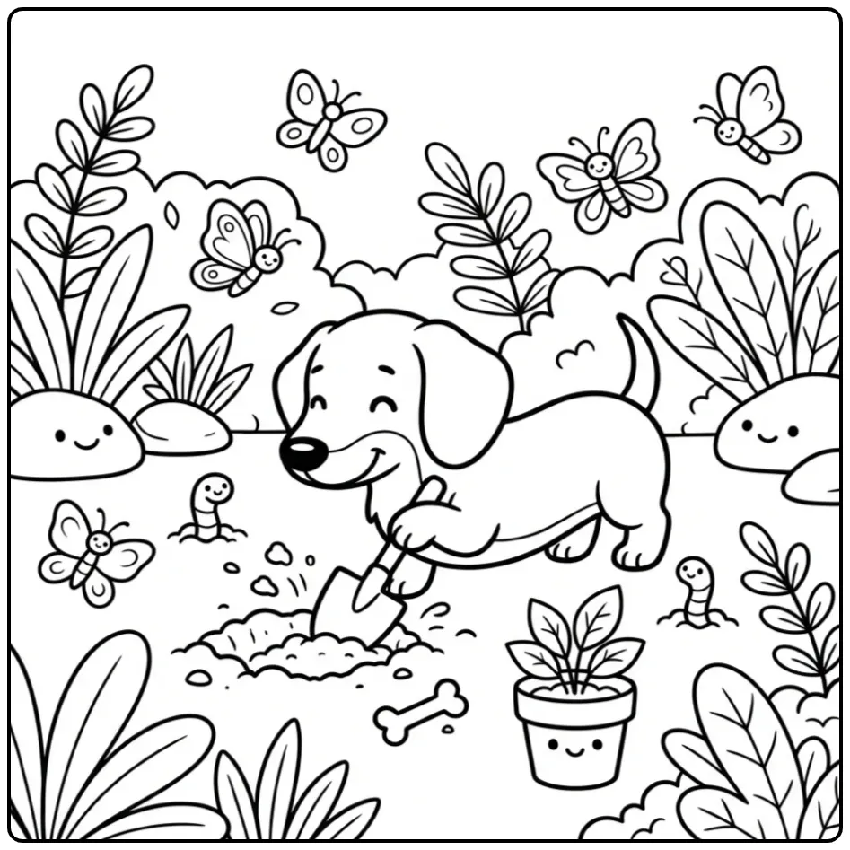 Kleurplaat teckel die vrolijk in de tuin naar botjes graaft.
