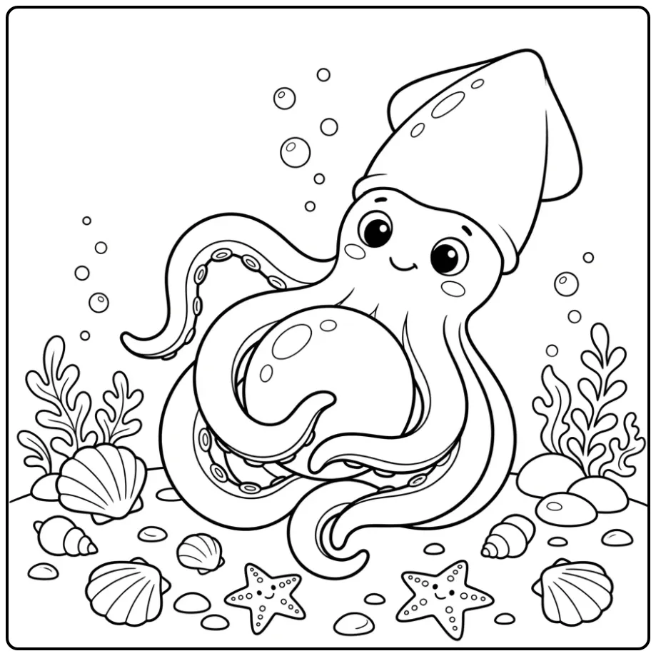 Schattige inktvis kleurplaat met een parel op de bodem.