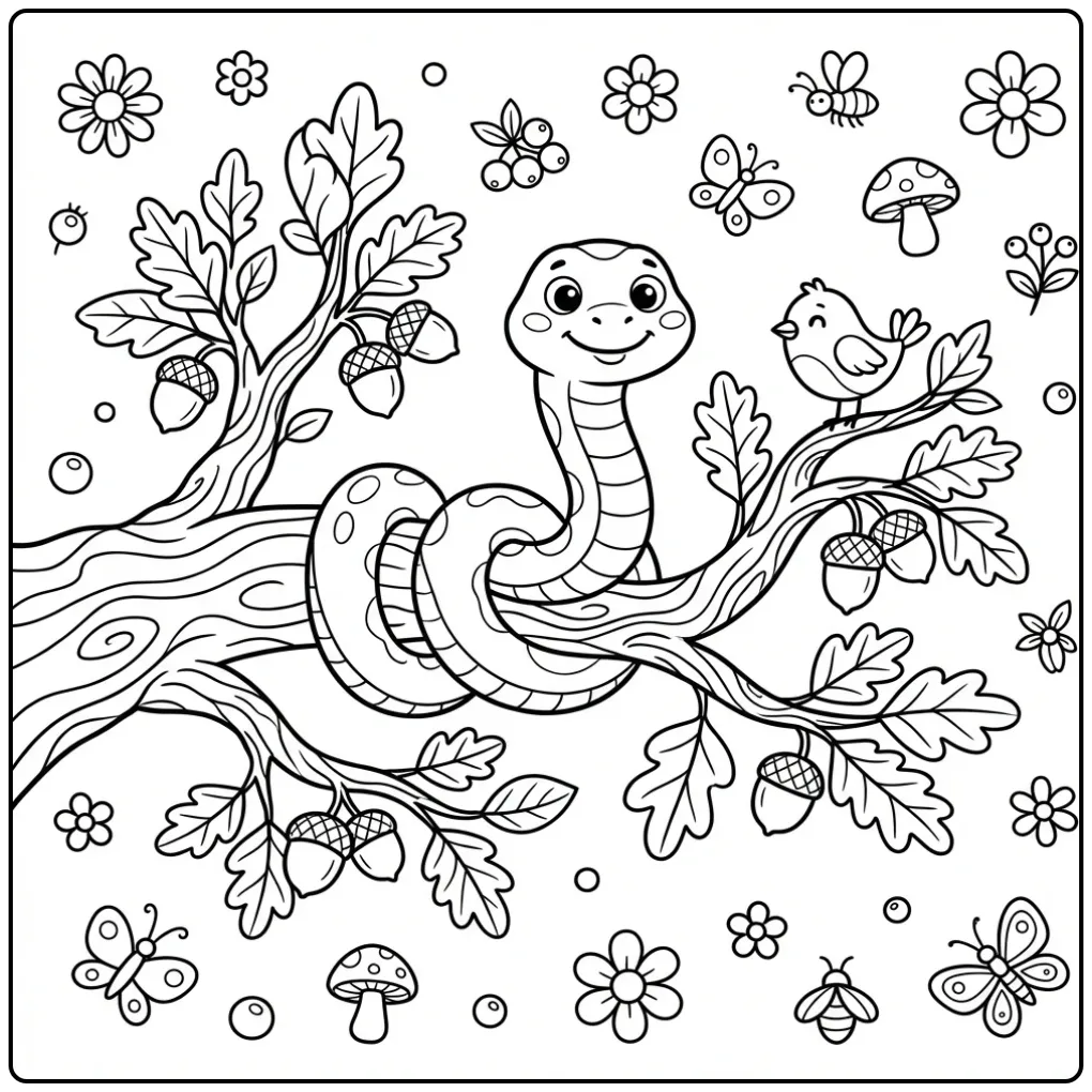 Schattige kleurplaat slang in boom omringd door bladeren.