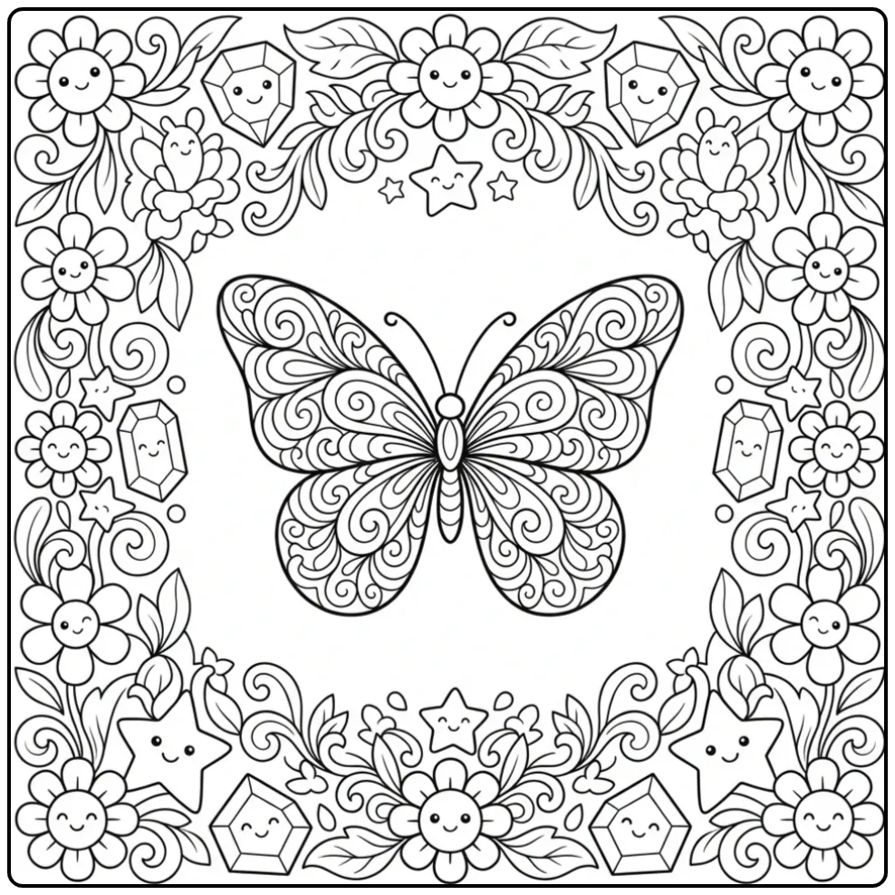 Gedetailleerde kleurplaat vlinder moeilijk en sterren
