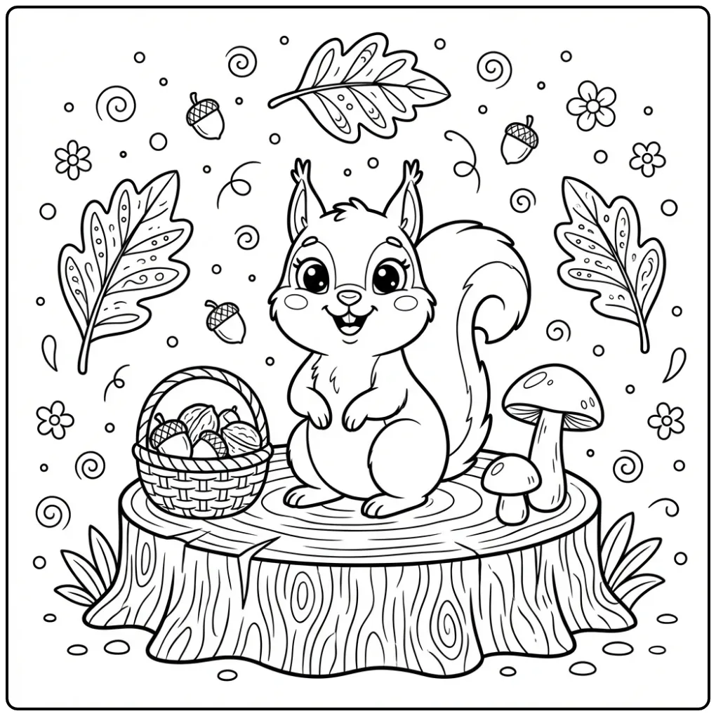 Leuke eekhoorn kleurplaat simpel zittend op een boomstam.