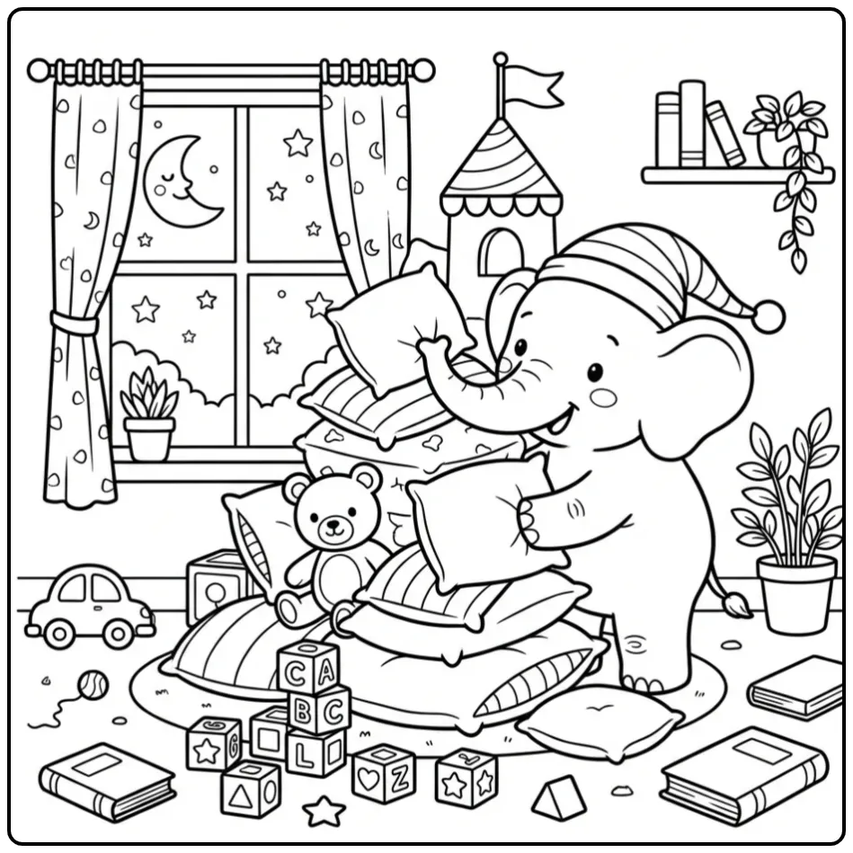 Cute kleurplaat olifant bouwt een kasteel van kussens.