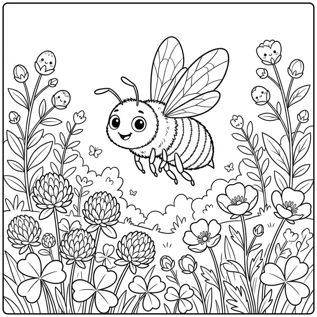 Vliegende bij tussen bloemen op deze bijen kleurplaat