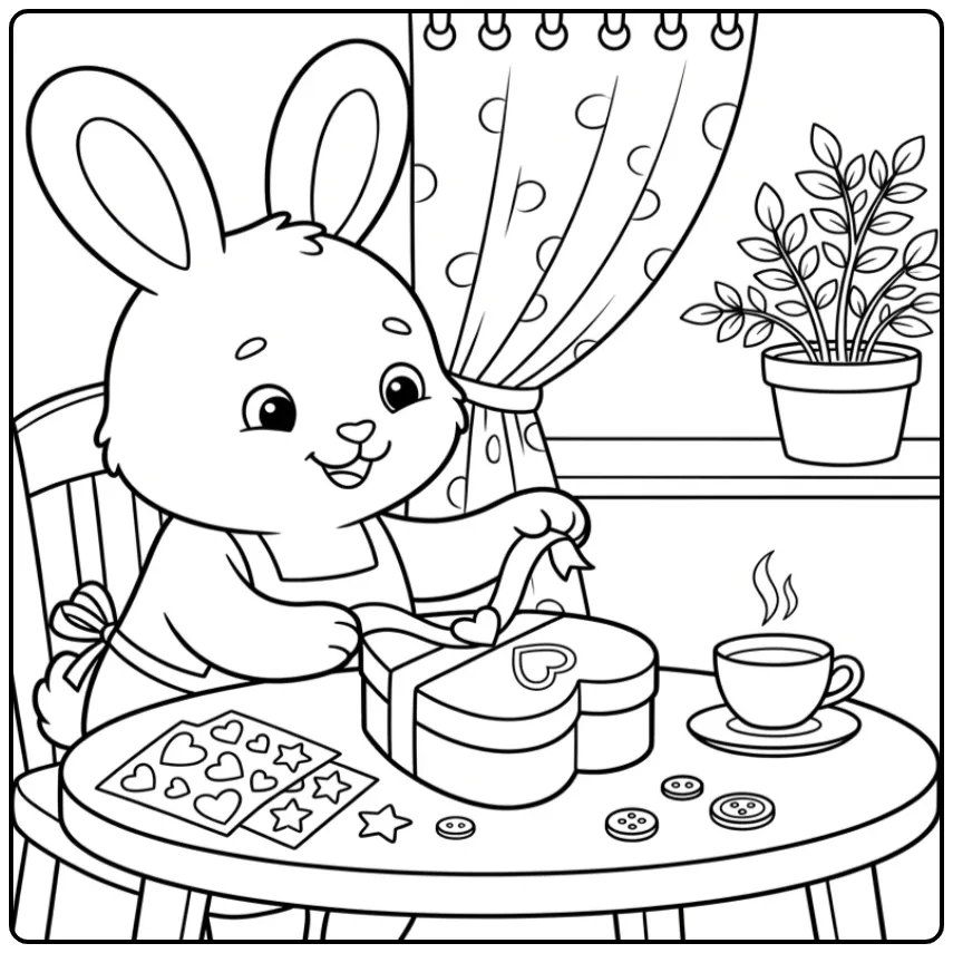 Schattige kleurplaat konijn met hart en cadeaudoos.