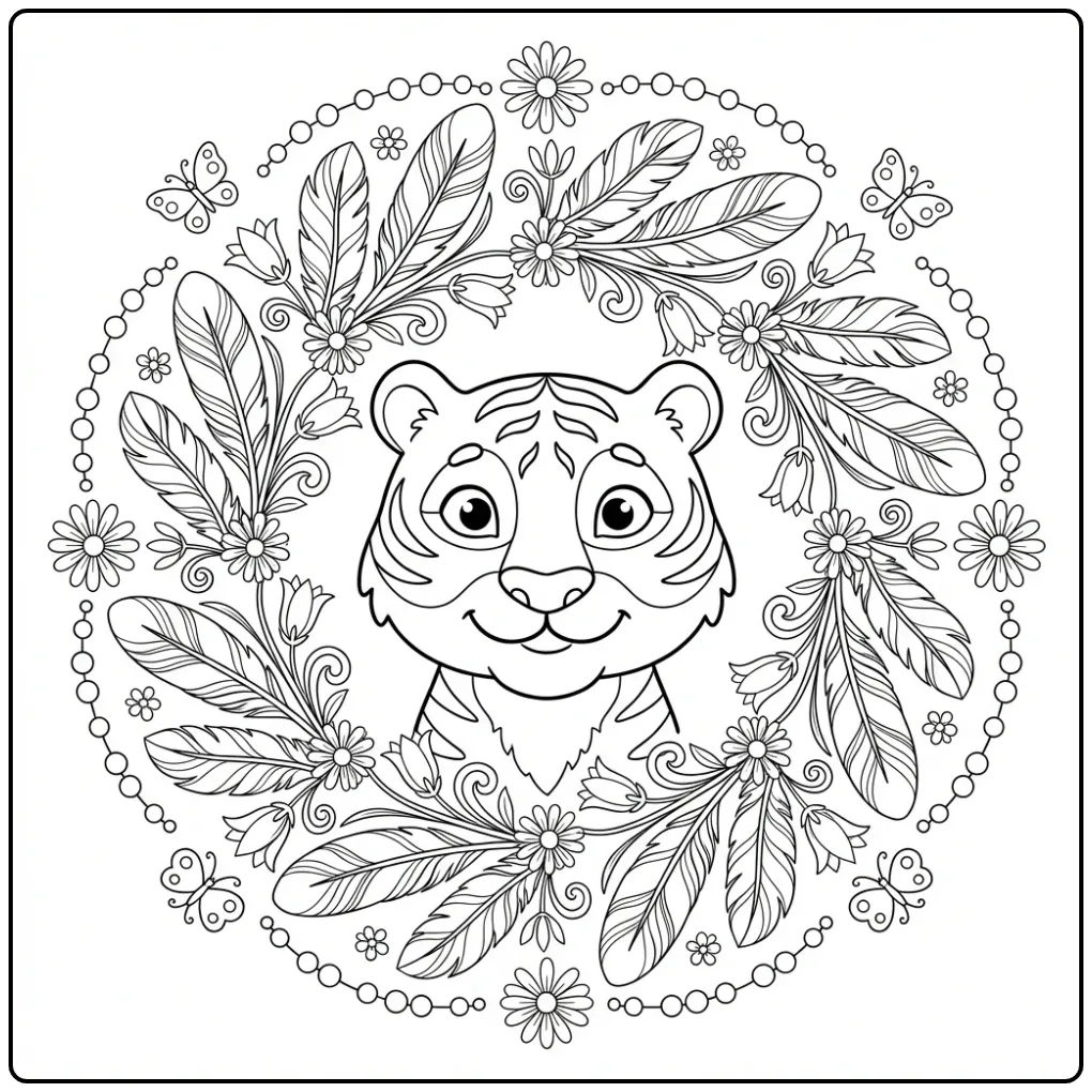 Schattige kleurplaat mandala tijger met veren en vlinders