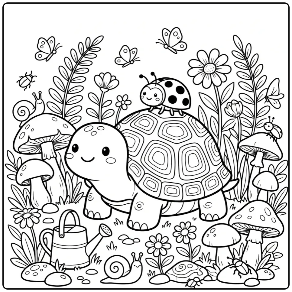 Kleurplaat schildpad schattig met een klein lieveheersbeestje.