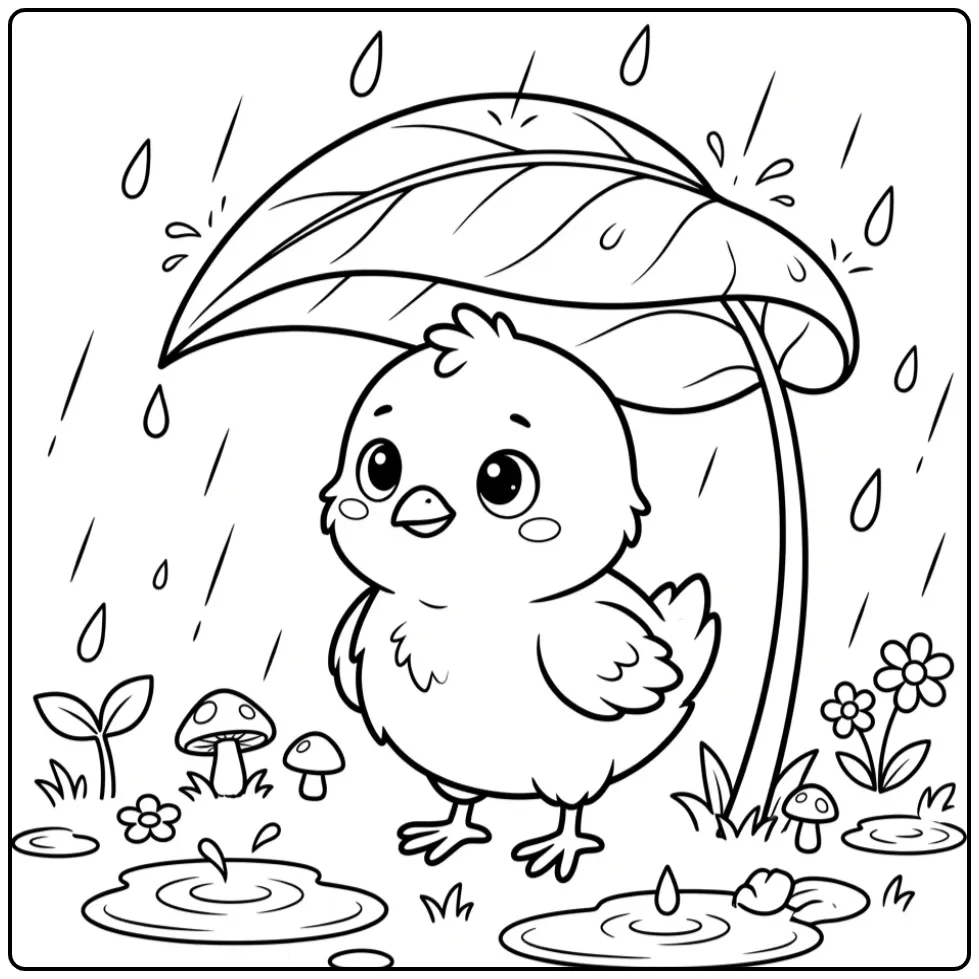 Schattige kuiken kleurplaat onder een groot blad in de regen.