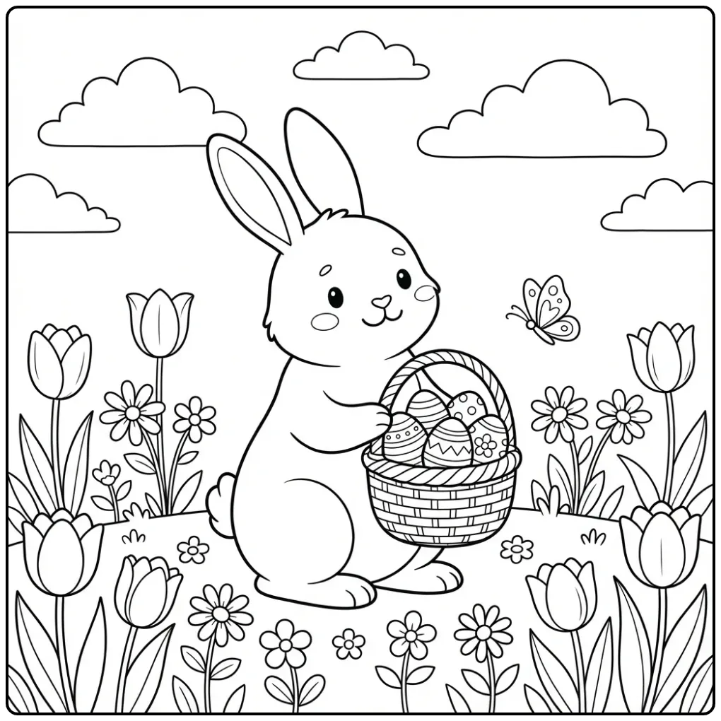 Schattig konijn met een mand vol eieren op deze paashaas kleurplaat.