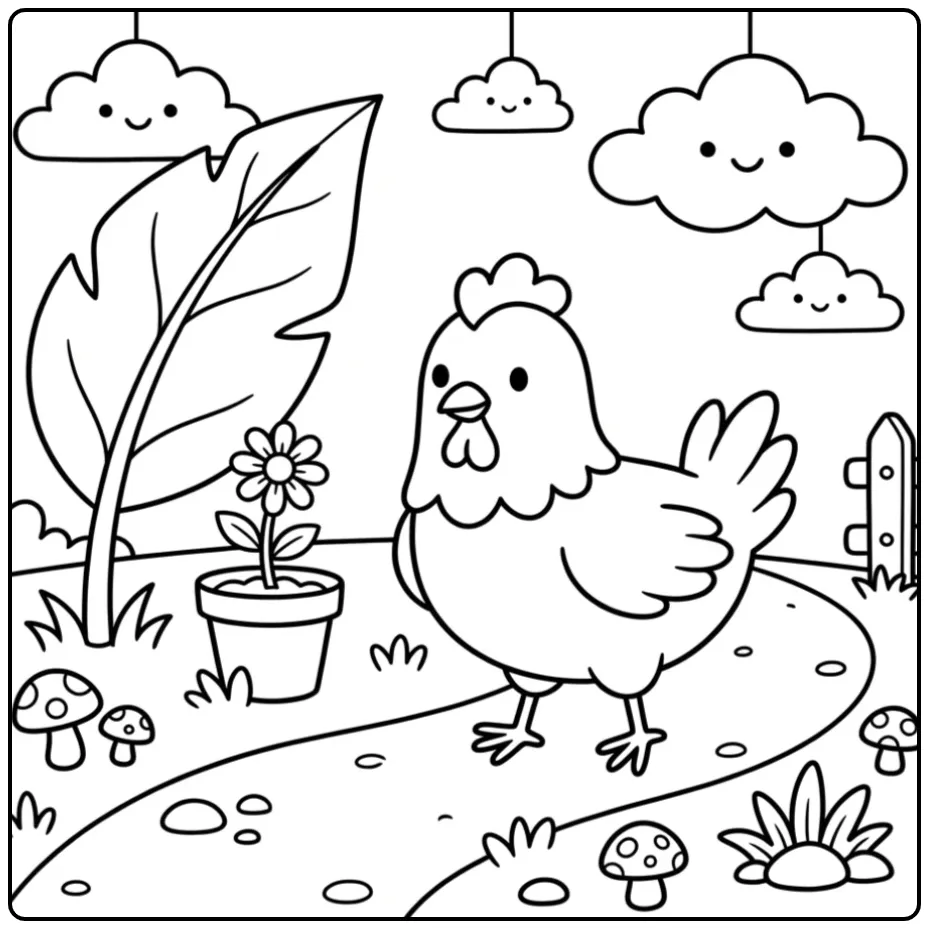 Schattige kleurplaat kip peuters wandelend op een pad.