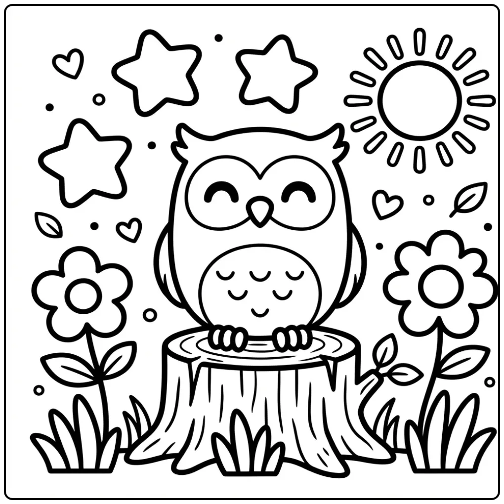 Schattige kleurplaat uil peuters met bloemen en zon.