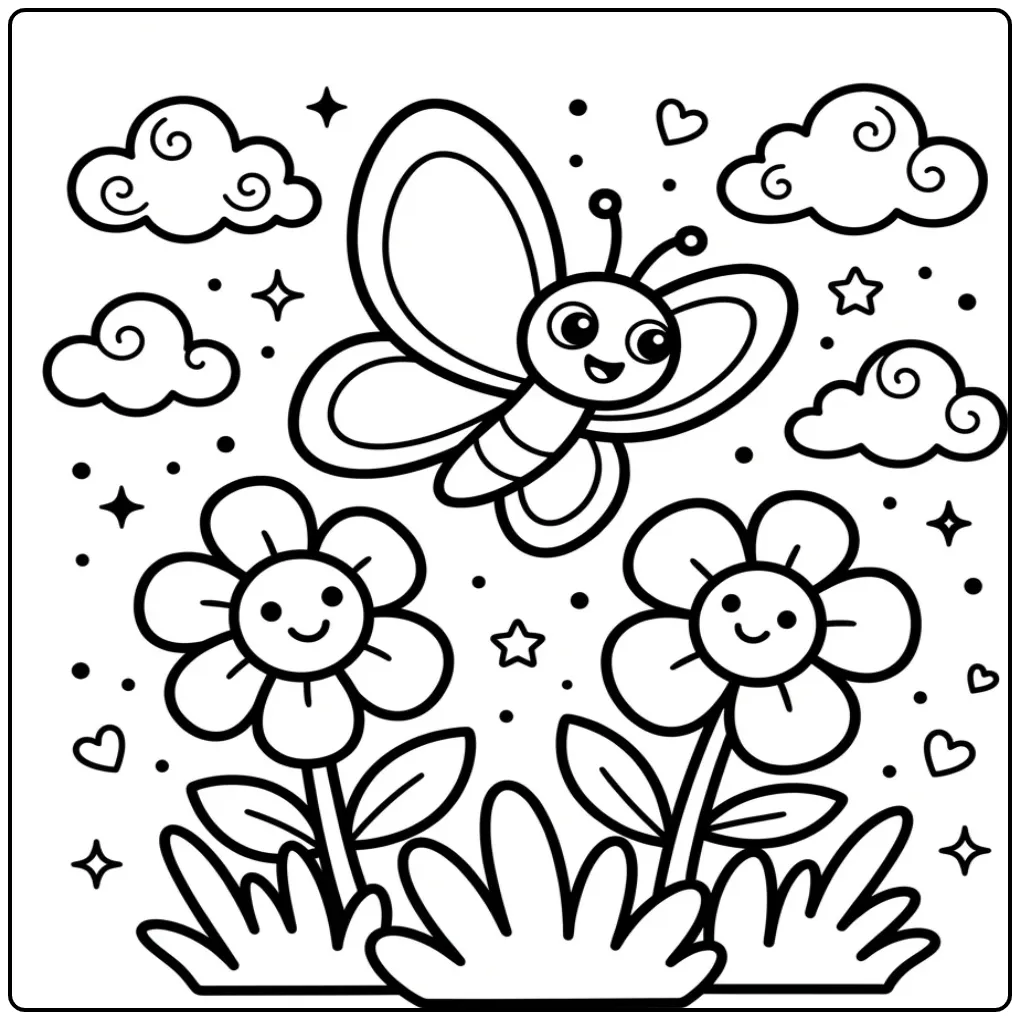 Vrolijke lachende kleurplaat vlinder peuter met wolken