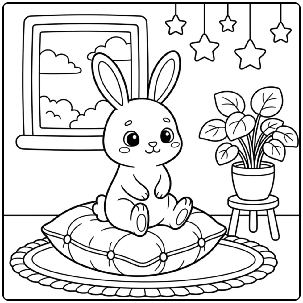 Een schattige konijn kleurplaat peuter op een groot kussen.