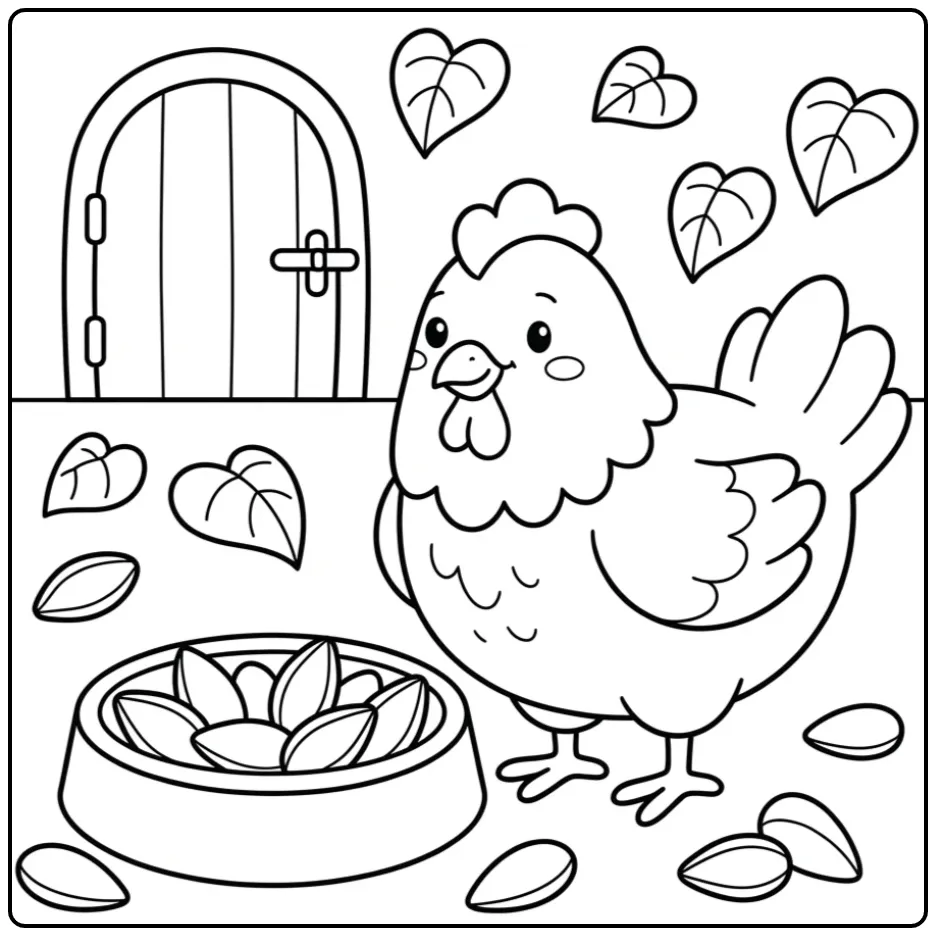 Kuiken kleurplaat peuters met een lieve hen en voerbak.