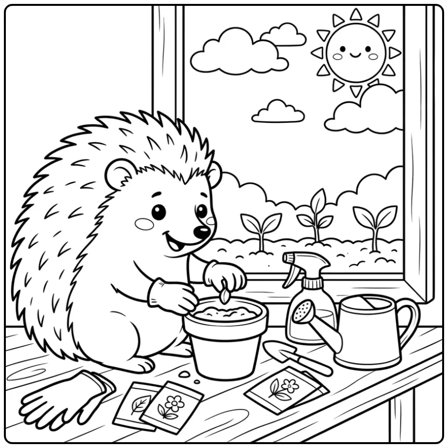 Egel kleurplaat plant zaadjes in een potje