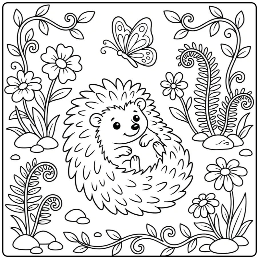 Schattige egel kleurplaat opgerold bij bloemen en vlinders