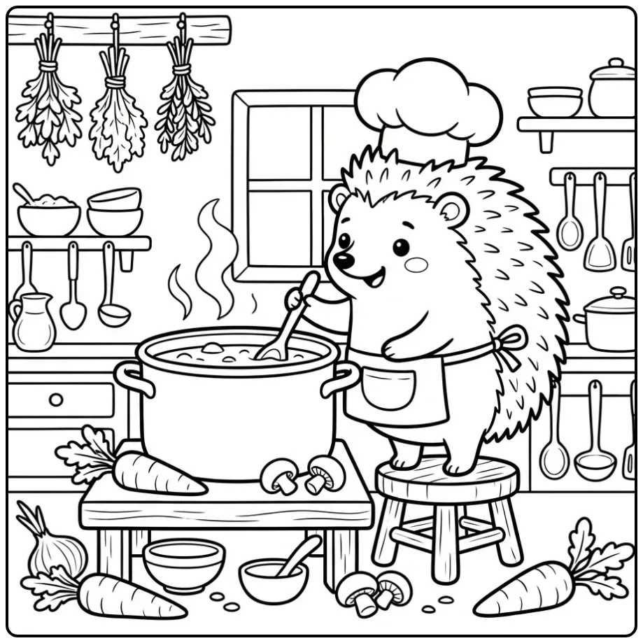 Schattige egel kleurplaat van een kok die soep roert.