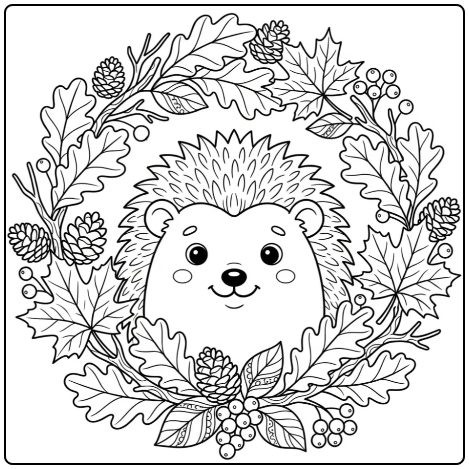 Een schattige egel kleurplaat in een nest van herfstbladeren.
