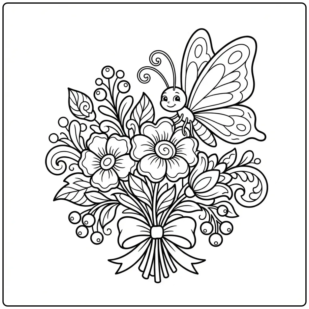 Mooie vlinder kleurplaat volwassenen met bloemen en lint.