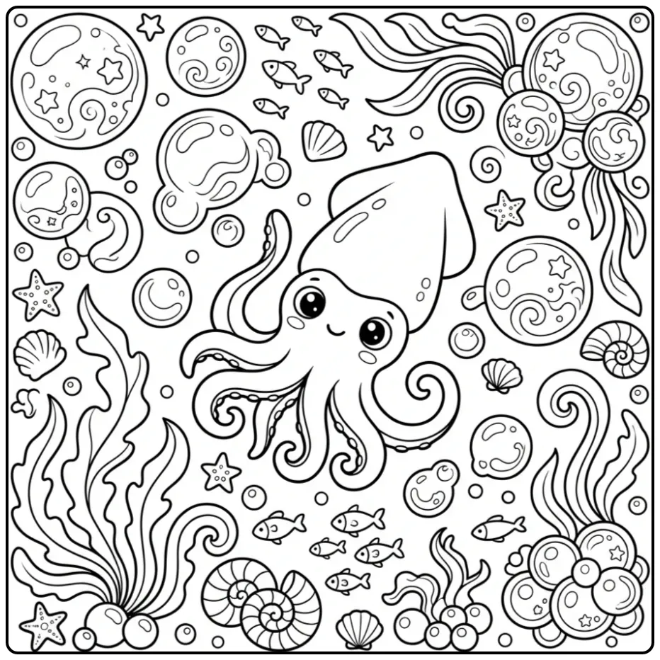 Schattige inktvis kleurplaat met magische zeebubbels.