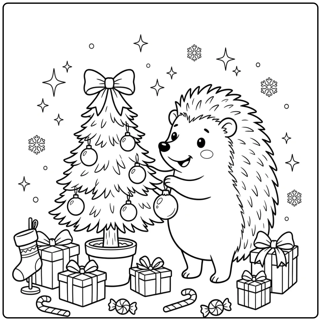 Schattige egel kleurplaat die een kleine kerstboom versiert.