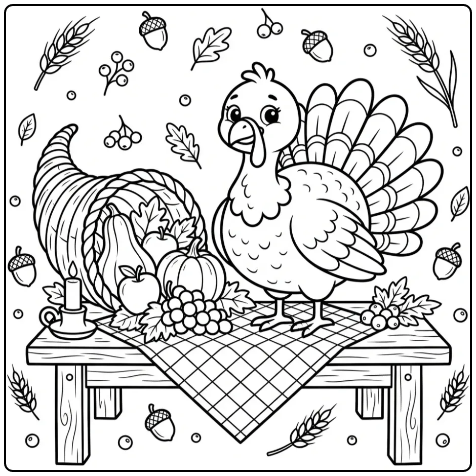 Leuke kalkoen kleurplaat met hoorn des overvloeds en fruit.