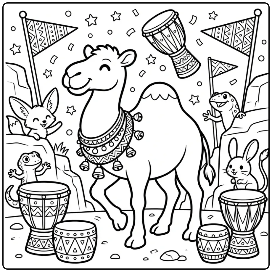 Een vrolijke kameel kleurplaat met slingers.