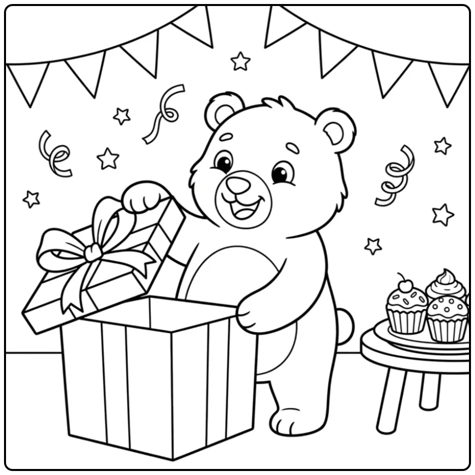 Vrolijke kleurplaat beer verjaardag die een cadeau opent.