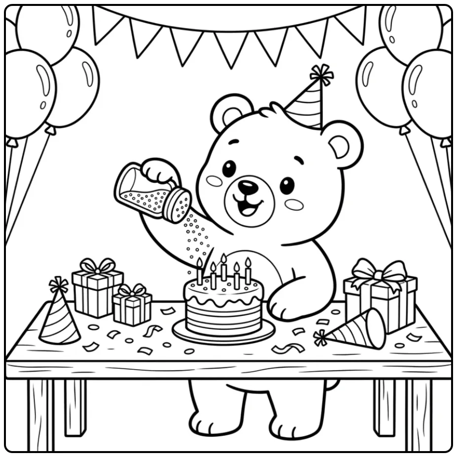 Een schattige kleurplaat beertje versiert een verjaardagstaart