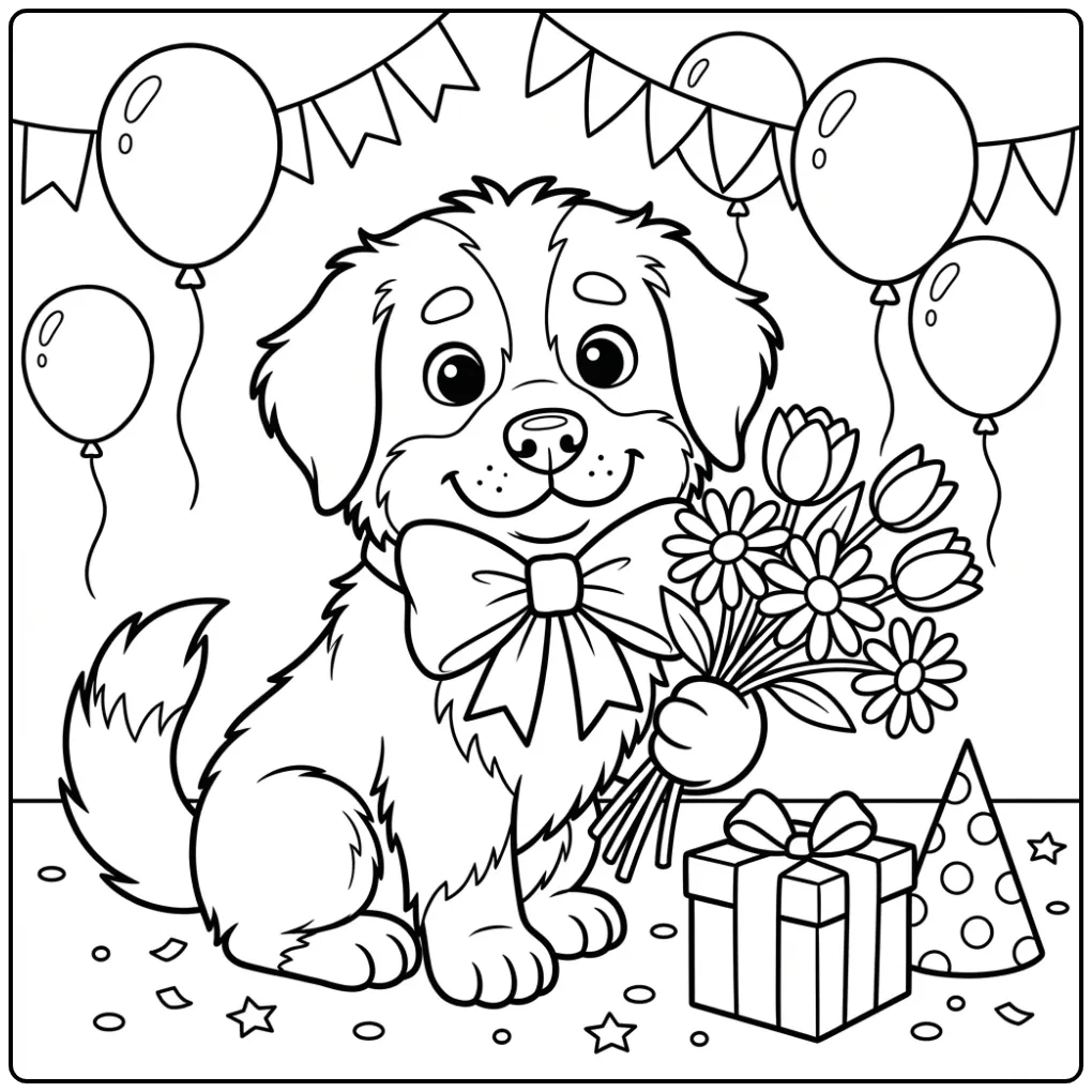 Schattige kleurplaat berner sennenhond met strik en bloemen