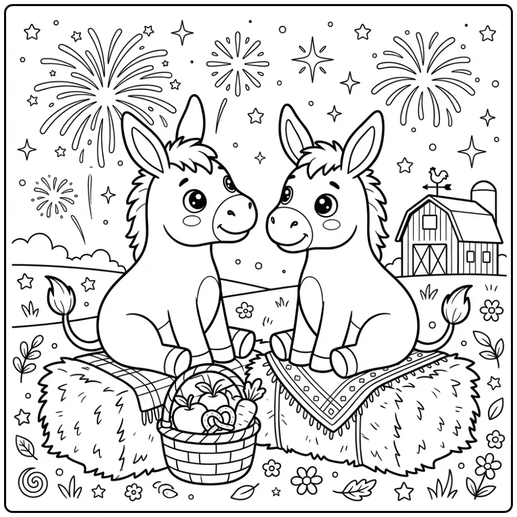 Schattige kleurplaat ezel op een hooibaal met vuurwerk.