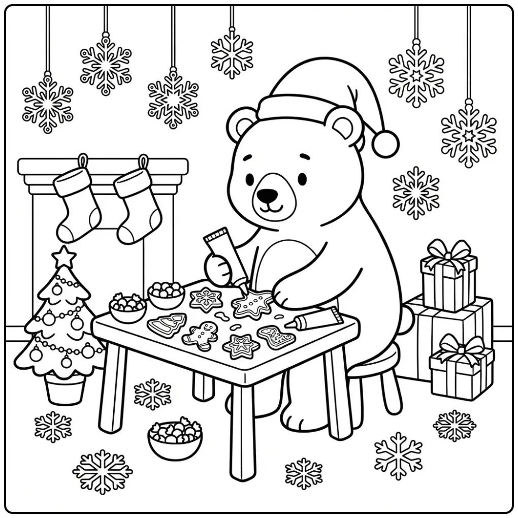 Schattige kleurplaat kerst beer versiert koekjes aan tafel.