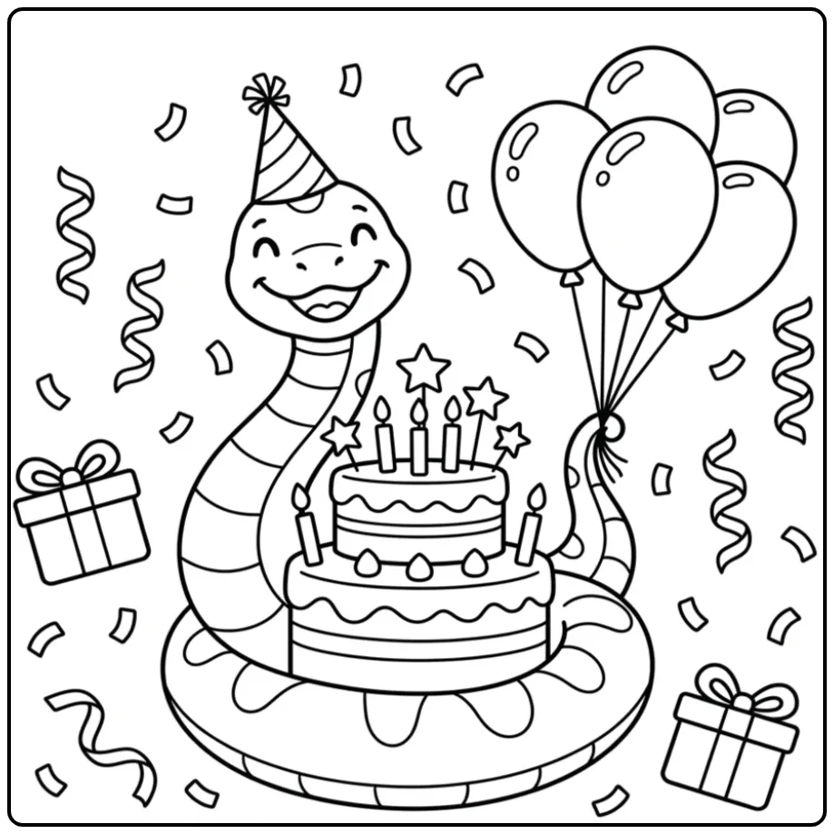 Leuke kleurplaat slang met feesthoedje en verjaardagstaart.