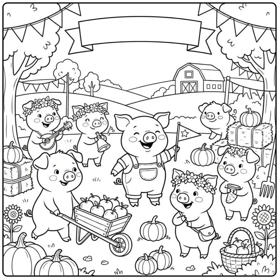 Vrolijke kleurplaat varkens in een parade op de boerderij.