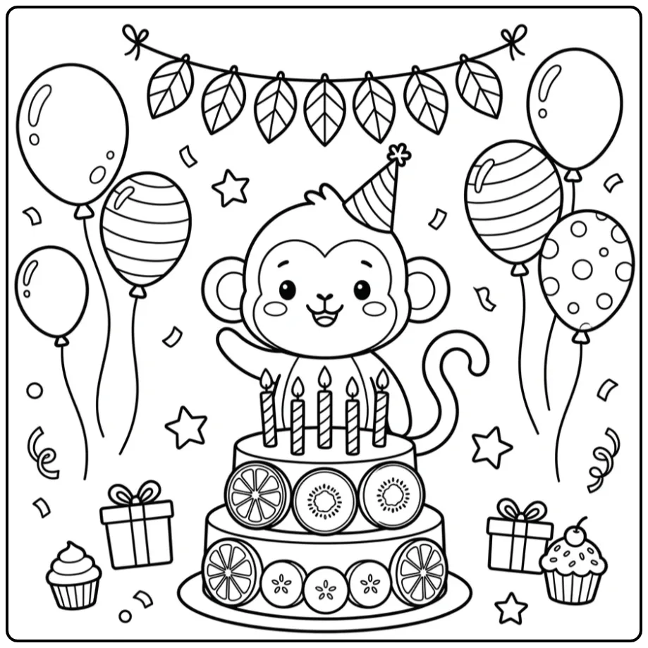 Een leuke kleurplaat verjaardag aap met taart en ballonnen.