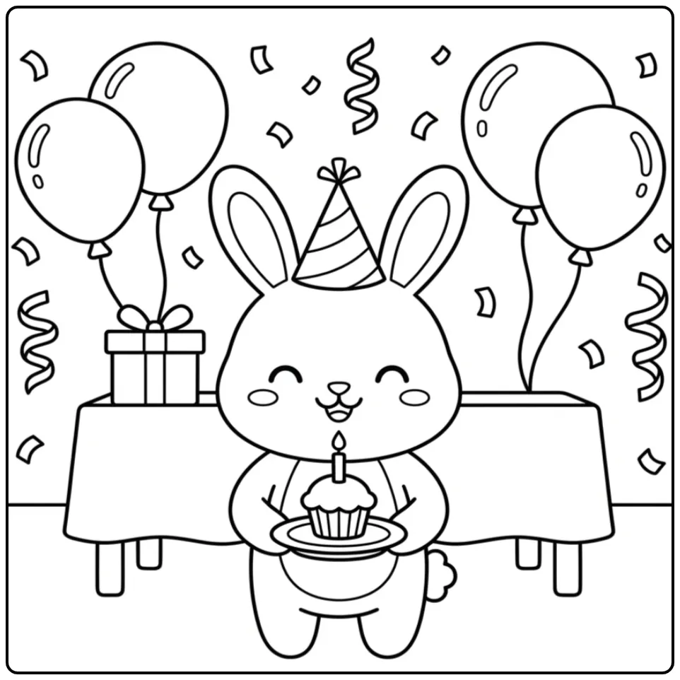 Schattige kleurplaat verjaardag konijn met taart en ballonnen