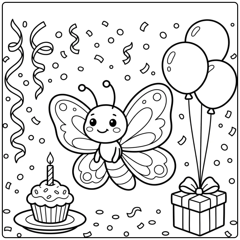 Vrolijke kleurplaat vlinder op een leuk verjaardagsfeest.
