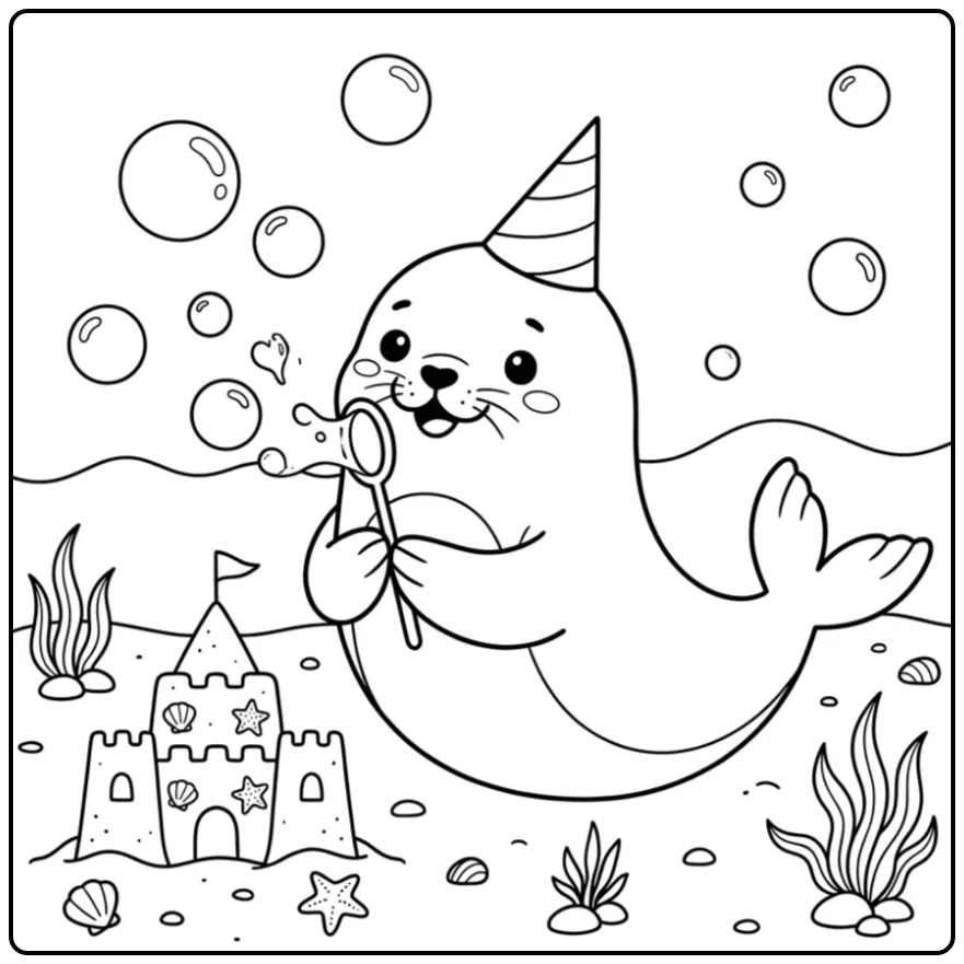 Vrolijke zeehond kleurplaat bij een zandkasteel.