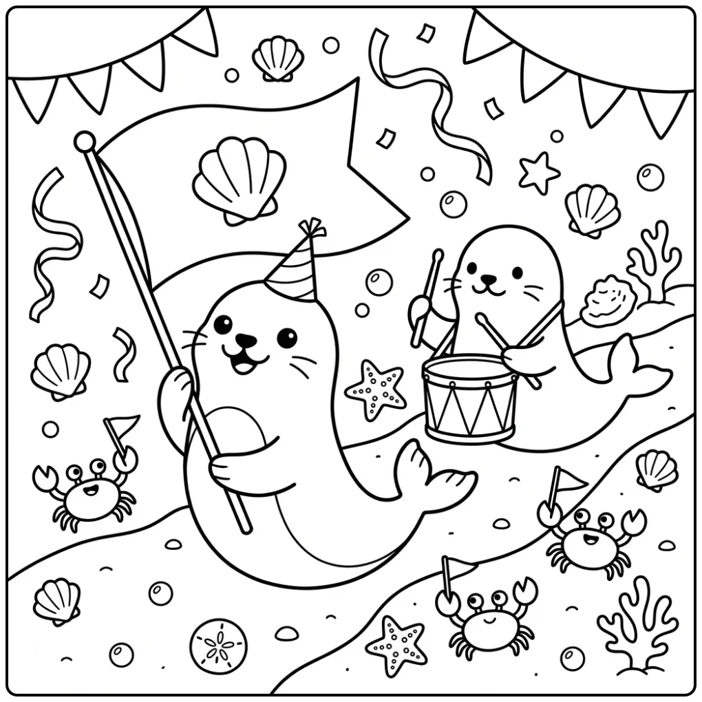 Vrolijke zeehond kleurplaat met vlag en trommelend vriendje.