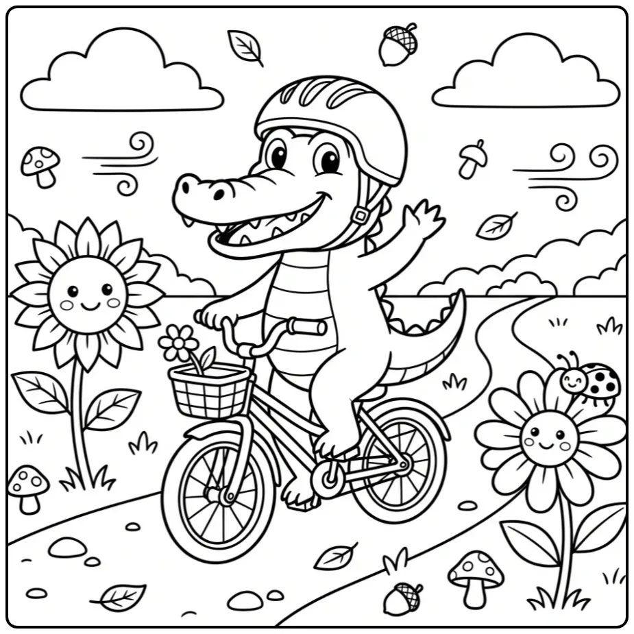 Schattige krokodil kleurplaat makkelijk op een fiets.