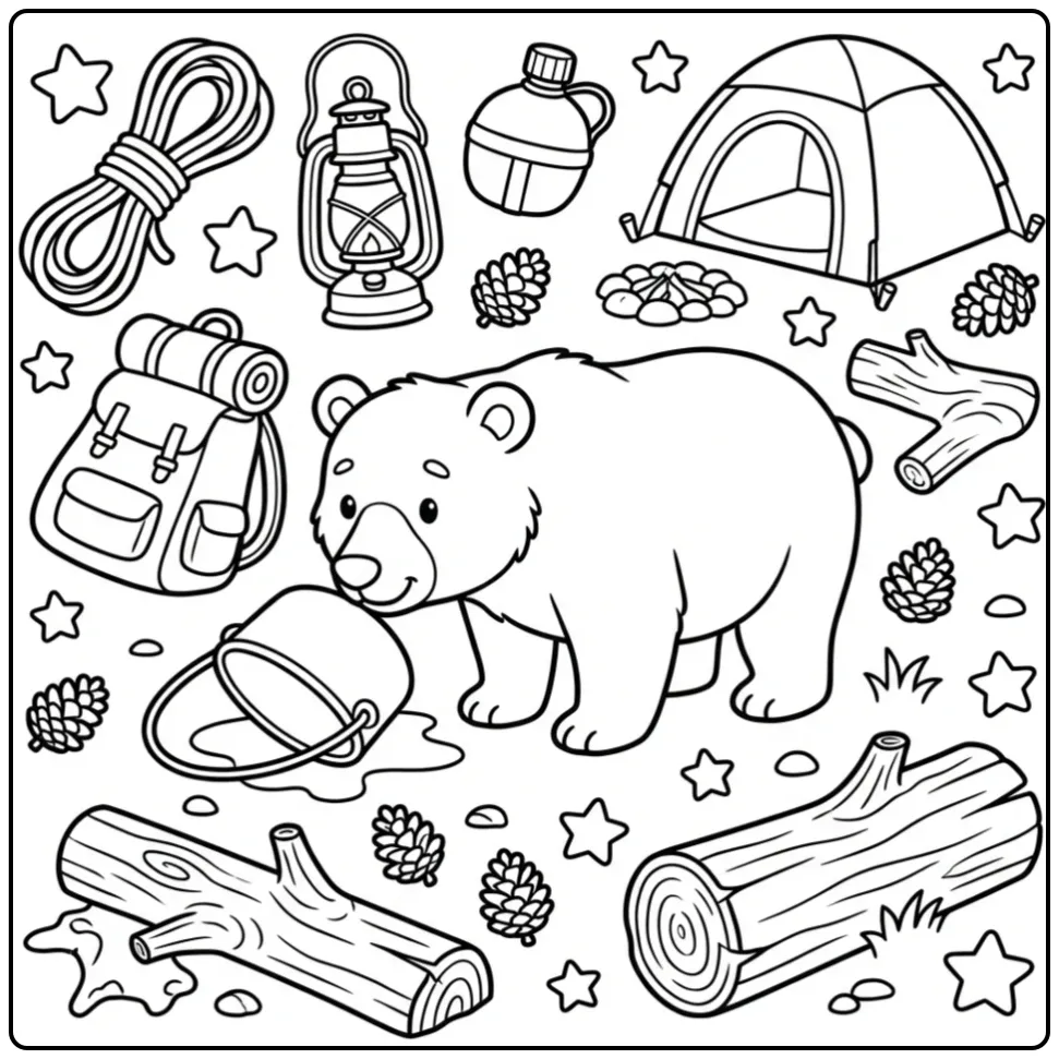 Kleurplaat beer moeilijk met veel details op de camping.