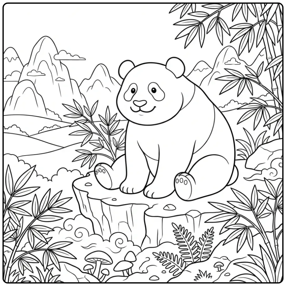 Schattige kleurplaat panda met hartje en bamboe bladeren.