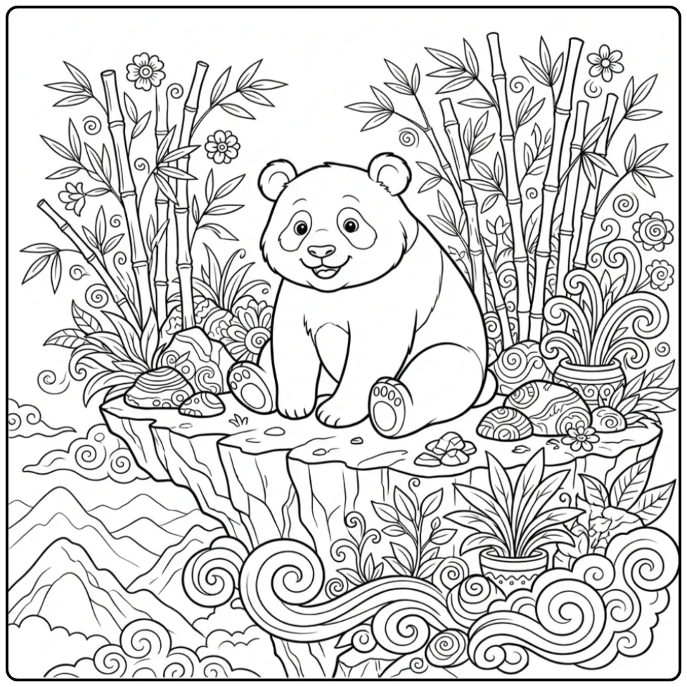 Realistische kleurplaat panda moeilijk op een rots.