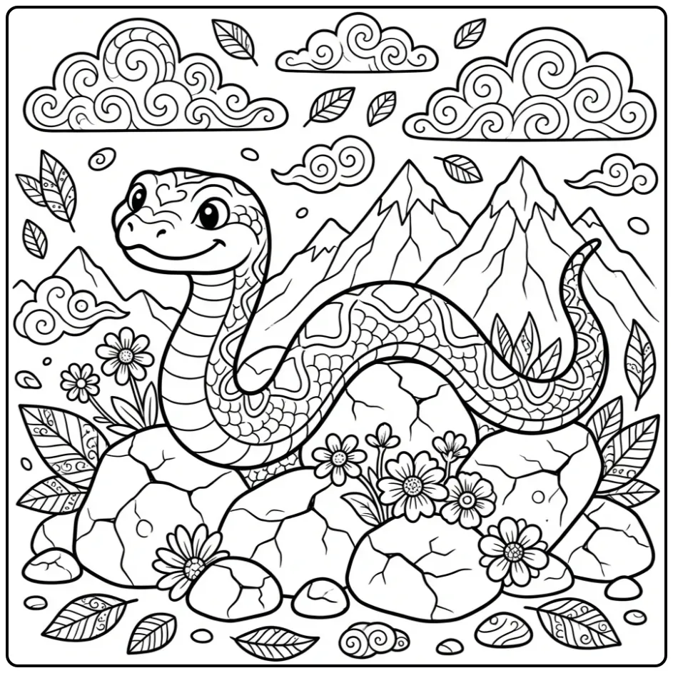 Realistische kleurplaat slang moeilijk tussen bloemen.