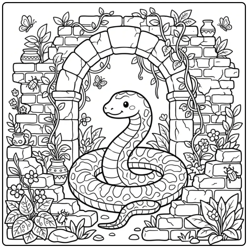 Schattige kleurplaat slang moeilijk met stenen en planten.