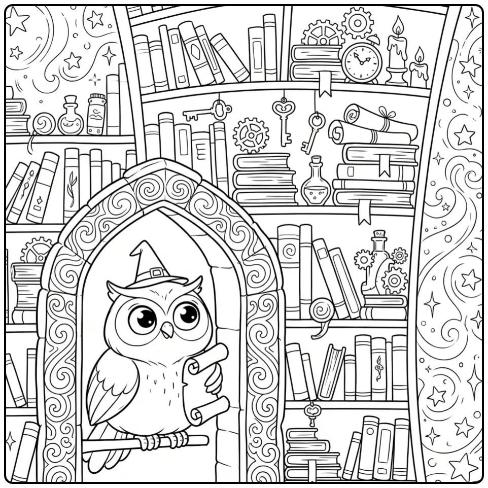 Magische kleurplaat uil moeilijk in een bibliotheek vol details.